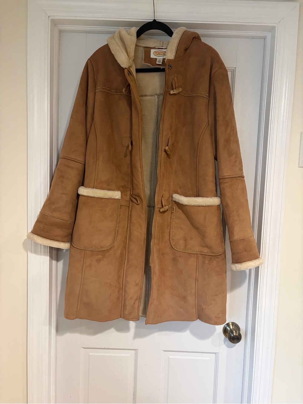 Talbots Camel Tan Faux-Suede Shearling-Trim Hooded Coat